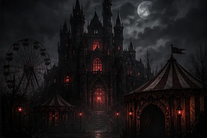 A gothic haunted attraction under a stormy moon.