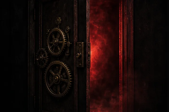 An open red-lit door fitted with brass puzzle mechanisms.
