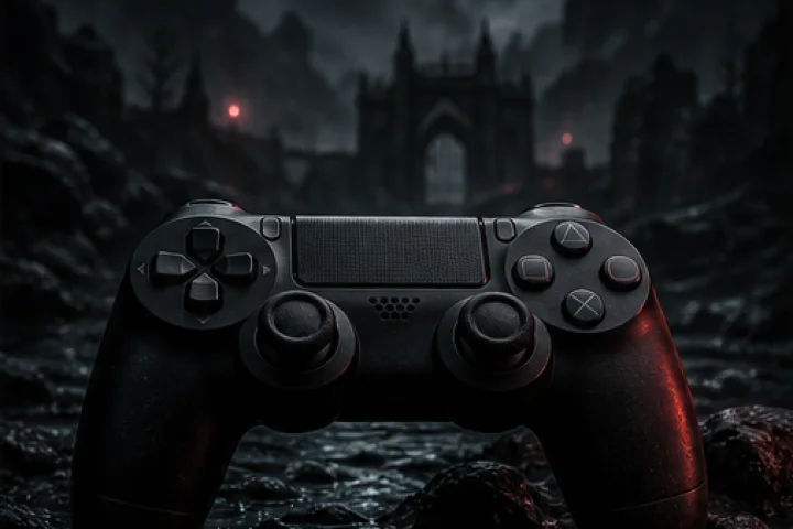 A black game controller in a dark cinematic world.