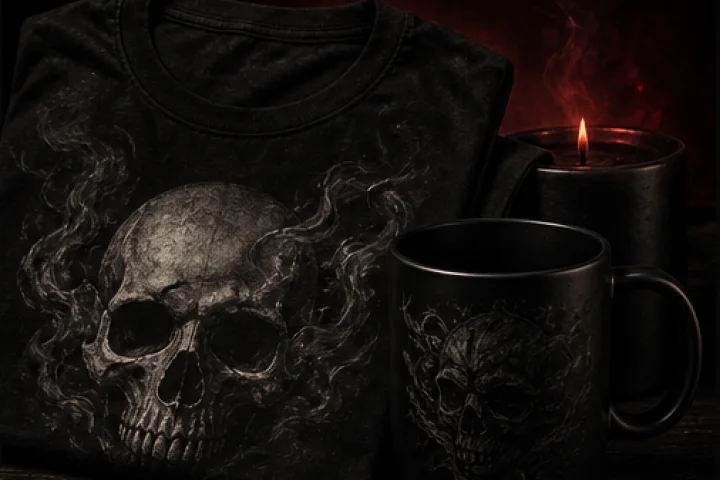 Premium black horror merchandise with a skull motif.